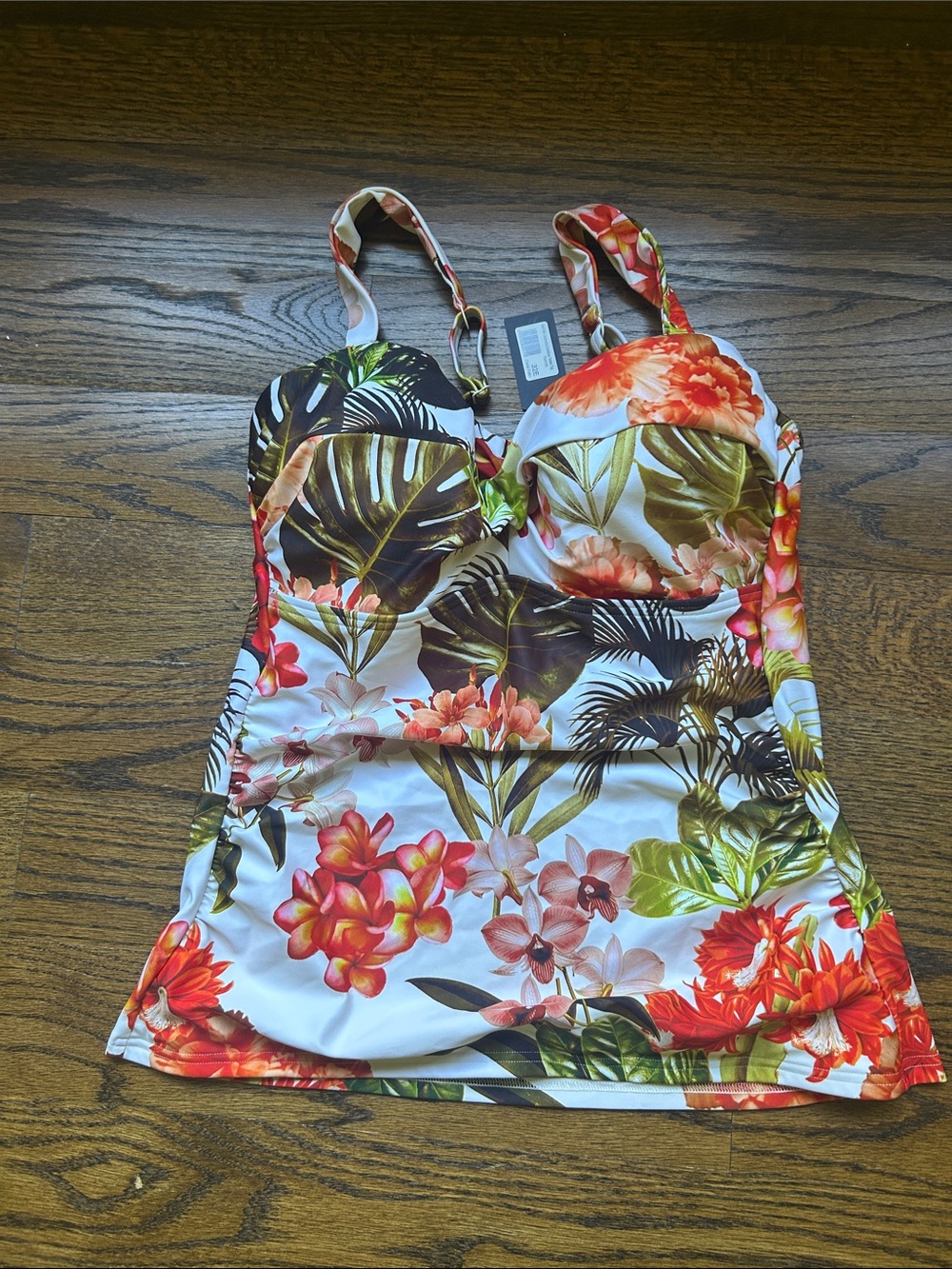 Tropical Floral Tankini Swim Top - Red, Green & White